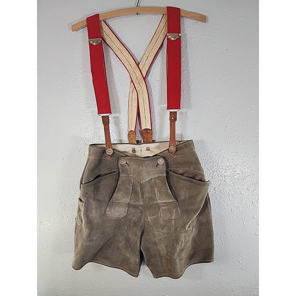 VTG Austrian/German Leather LEDERHOSEN Oktoberfest  Button SZ 12‎ Waist 26"